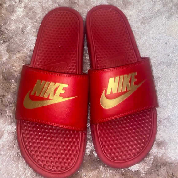mens red and gold nike slides